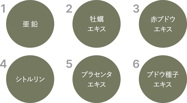 1.亜鉛 2.牡蠣エキス 3.赤ブドウエキス 4.シトルリン 5.プラセンタエキス 6.ブドウ種子エキス