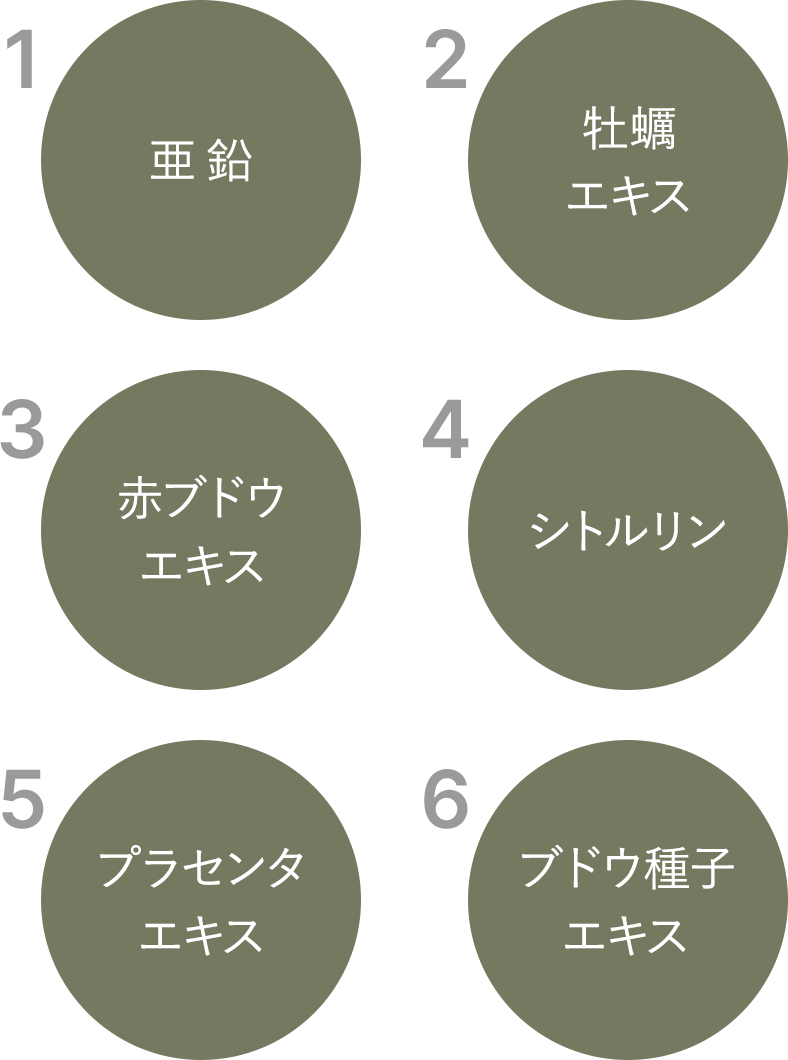 1.亜鉛 2.牡蠣エキス 3.赤ブドウエキス 4.シトルリン 5.プラセンタエキス 6.ブドウ種子エキス