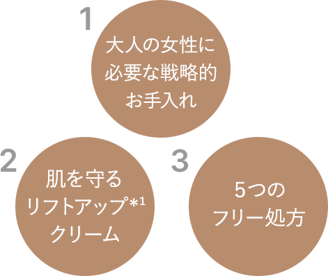 1.大人の女性に必要な戦略的お手入れ 2.肌を守るリフトアップクリーム 3.５つのフリー処方