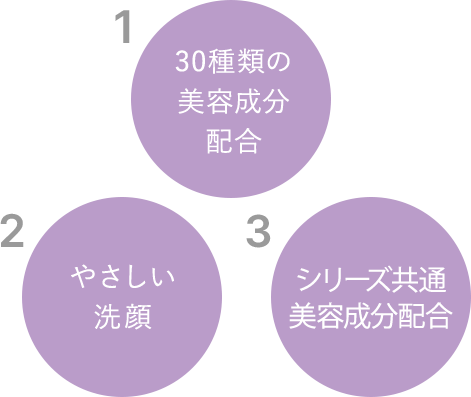 1.30種類の美容成分配合 2.やさしい洗顔 3.ディープモイストシリーズ共通美容成分配合