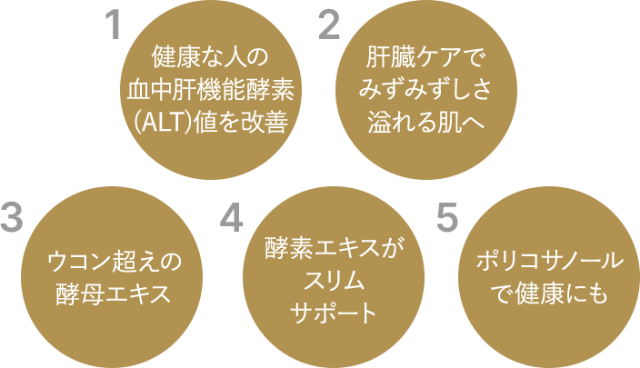 1.健康な人の血中肝機能酵素(ALT)値を改善 2.肝臓ケアでみずみずしさ溢れる肌へ 3.ウコン超えの酵母エキス 4.酵素エキスがスリムサポート 5.ポリコサノールで健康にも