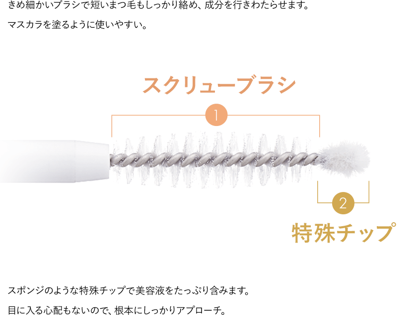 きめ細かいブラシで短いまつ毛もしっかり絡め、成分を行きわたらせます。マスカラを塗るように使いやすい。