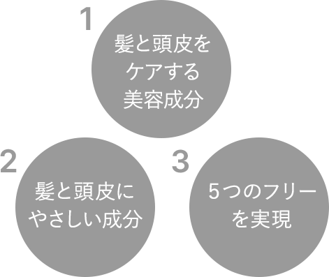 1.髪と頭皮をケアする美容成分 2.髪と頭皮にやさしい成分 3.５つのフリーを実現