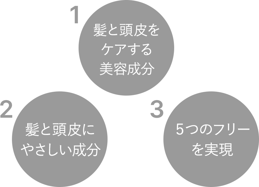 1.髪と頭皮をケアする美容成分 2.髪と頭皮にやさしい成分 3.５つのフリーを実現