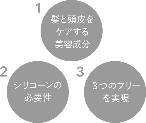 1.髪と頭皮をケアする美容成分 2.シリコーンの必要性 3.３つのフリーを実現