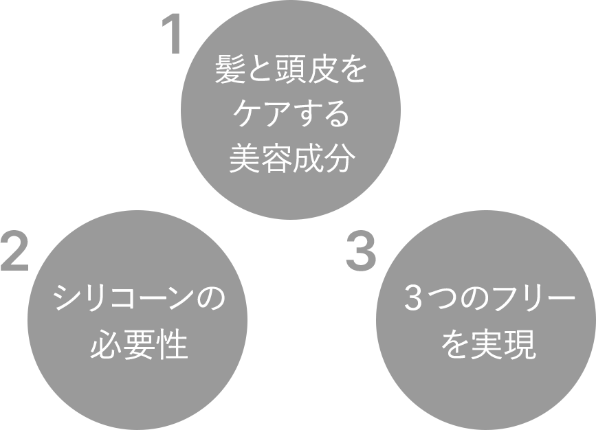 1.髪と頭皮をケアする美容成分 2.シリコーンの必要性 3.３つのフリーを実現