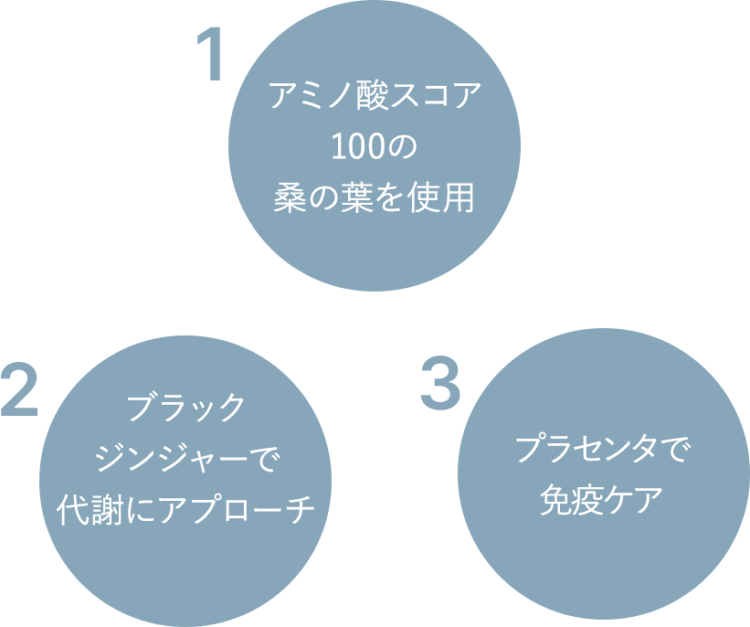 1.アミノ酸スコア100の桑の葉を使用 2.ブラックジンジャーで代謝にアプローチ 3.プラセンタで免疫ケア