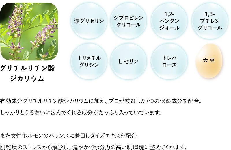 有効成分グリチルリチン酸ジカリウムに加え、プロが厳選した7つの保湿成分を配合。しっかりとうるおいに包んでくれる成分がたっぷり入っていています。また女性ホルモンのバランスに着目しダイズエキスを配合。肌乾燥のストレスから解放し、健やかで水分力の高い肌環境に整えてくれます。