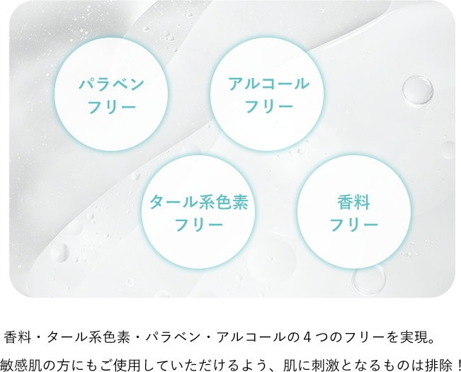 香料・タール系色素・パラベン・アルコールの４つのフリーを実現。敏感肌の方にもご使用していただけるよう、肌に刺激となるものは排除！