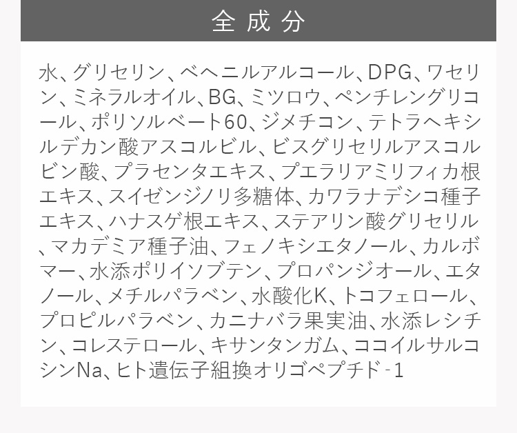 全成分 水、グリセリン、ベヘニルアルコール、DPG、ワセリン、ミネラルオイル、BG、ミツロウ、ペンチレングリコール、ポリソルベート60、ジメチコン、テトラヘキシルデカン酸アスコルビル、ビスグリセリルアスコルビン酸、プラセンタエキス、プエラリアミリフィカ根エキス、スイゼンジノリ多糖体、カワラナデシコ種子エキス、ハナスゲ根エキス、ステアリン酸グリセリル、マカデミア種子油、フェノキシエタノール、カルボマー、水添ポリイソブテン、プロパンジオール、エタノール、メチルパラベン、水酸化K、トコフェロール、プロピルパラベン、カニナバラ果実油、水添レシチン、コレステロール、キサンタンガム、ココイルサルコシンNa、ヒト遺伝子組換オリゴペプチド‐1