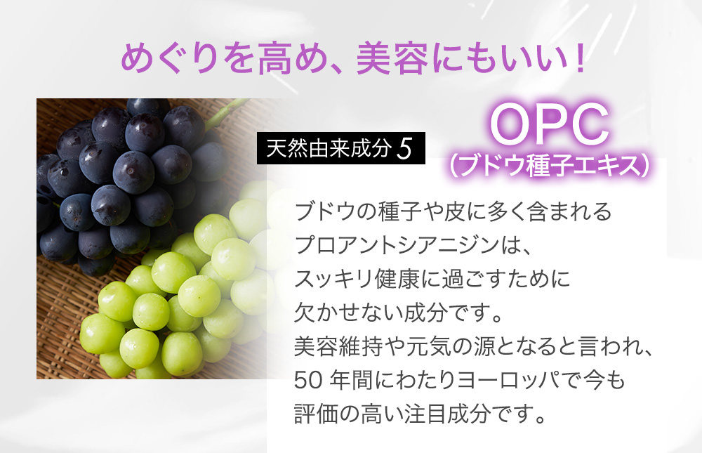 めぐりを高め、美容にもいい!天然由来成分5 OPC(ブドウ種子エキス)ブドウの種子や皮に多く含まれるプロアントシアニジンは、スッキリ健康に過ごすために欠かせない成分です。美容維持や元気の源となると言われ、50年間にわたりヨーロッパで今も評価の高い注目成分です。