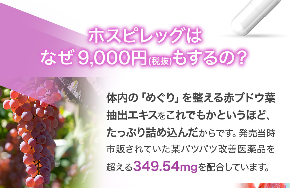 ホスピレッグはなぜ9,000円(税抜)もするの?体内の「めぐり」を整える赤ブドウ葉抽出エキスをこれでもかというほど、たっぷり詰め込んだからです。発売当時市販されていた某パツパツ改善医薬品を超える349.54mgを配合しています。