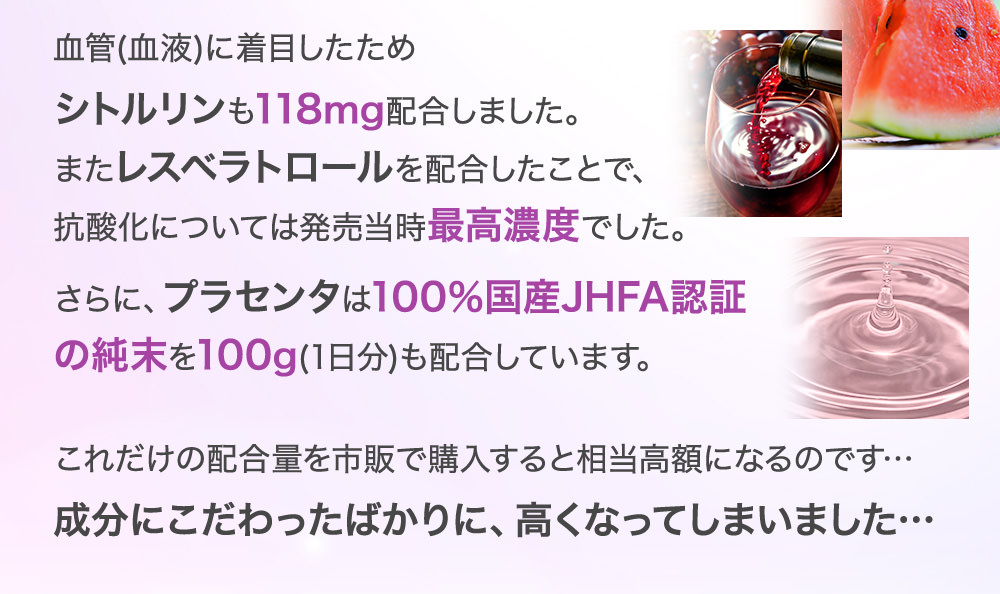 血管(血液)に着目したためシトルリンも118mg配合しました。またレスベラトロールを配合したことで、抗酸化については発売当時最高濃度でした。さらに、プラセンタは100%国産JHFA認証の純末を100g(1日分)も配合しています。これだけの配合量を市販で購入すると相当高額になるのです…成分にこだわったばかりに、高くなってしまいました…