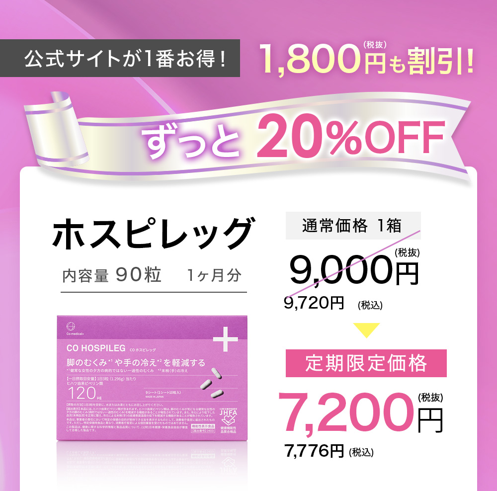 公式サイトが1番お得！4,500円（税抜）も割引！初回定期限定 50％OFF ホスピレッグ 内容量 60粒 1ヶ月分 定期限定価格 4,500円（税抜）4,860円（税込）嬉しい定期制度ではじめやすい！