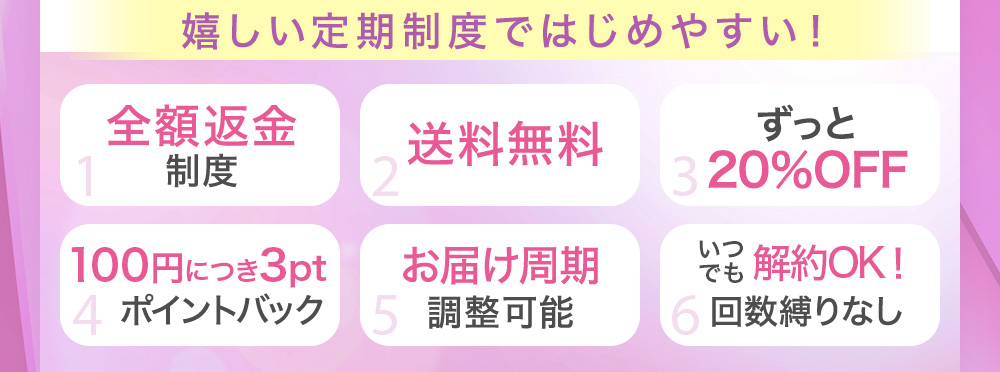 全額返金制度 送料無料 100円につき3ptポイントバック 続けるほどお得 お届け周期調整可能 いつでも解約OK！回数縛りなし