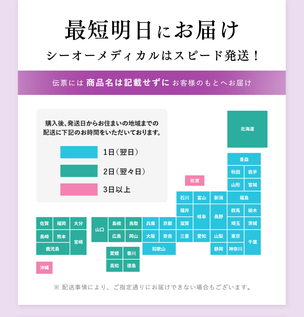 最短明日にお届け シーオーメディカルはスピード発送！ 伝票には商品名は記載せずにお客様のもとへお届け