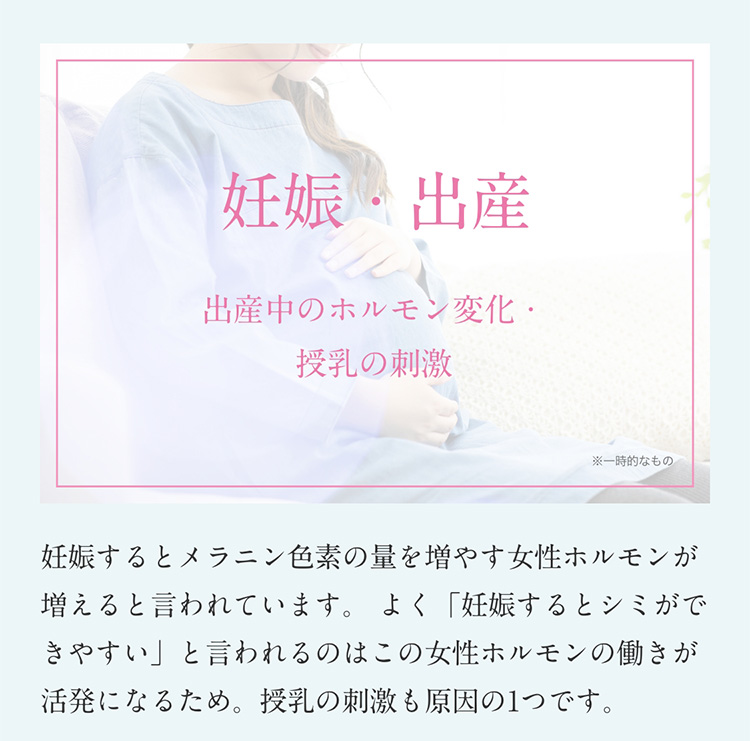 妊娠・出産　出産中のホルモン変化・授乳の刺激　*一時的なもの妊娠するとメラニン色素の量を増やす女性ホルモンが増えるといわれています。よく「妊娠するとシミができやすい」と言われるのはこの女性ホルモンの働きが活発になるため。授乳の刺激も原因の1つです。