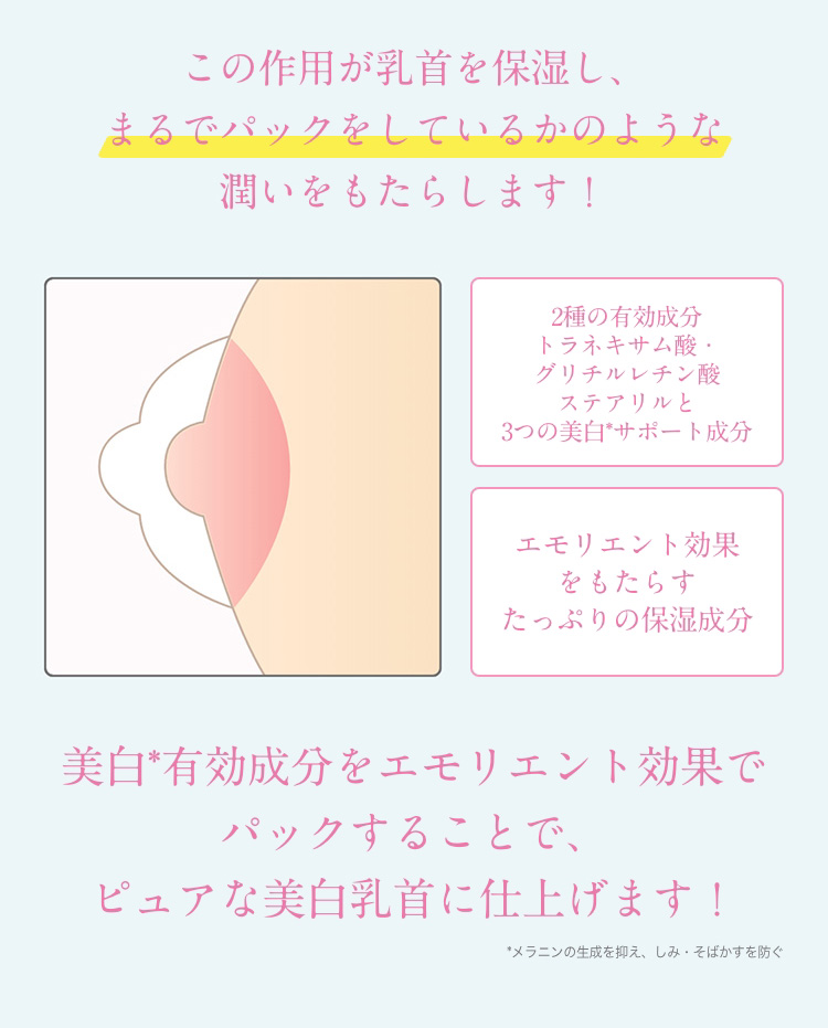 この作用が乳首を保湿し、まるでパックをしているかのような潤いをもたらします！　２種の有効成分　トラネキサム酸・グリチルレチン酸ステアリルと３つの美白*サポート成分　エモリエント効果をもたらすたっぷりの保湿成分美白*有効成分をエモリエント効果でパックすることで、ピュアな美白乳首に仕上げます！　*メラニンの生成を抑え、しみ・そばかすを防ぐ