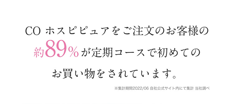 COホスピピュアをご注文のお客様の約89％が定期コースで初めてのお買い物をされています。　※集計期間2022/06自社公式サイト内にて集計当社調べ