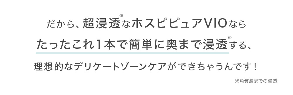 だから、超浸透なホスピピュアVIOならたったこれ１本で簡単に奥まで浸透する、理想的なデリケートゾーンケアができちゃうんです！※角質層までの浸透