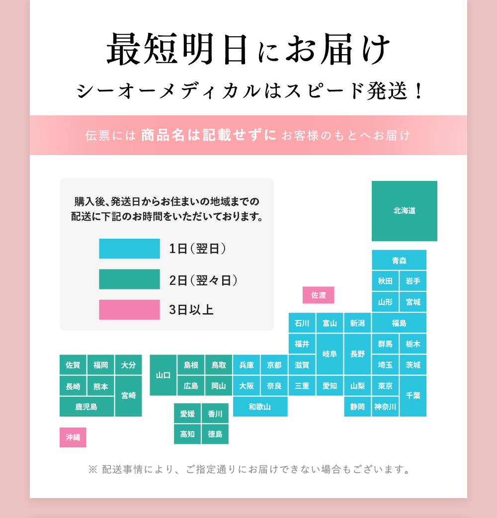 最短明日にお届け シーオーメディカルはスピード発送！ 伝票には商品名は記載せずにお客様のもとへお届け