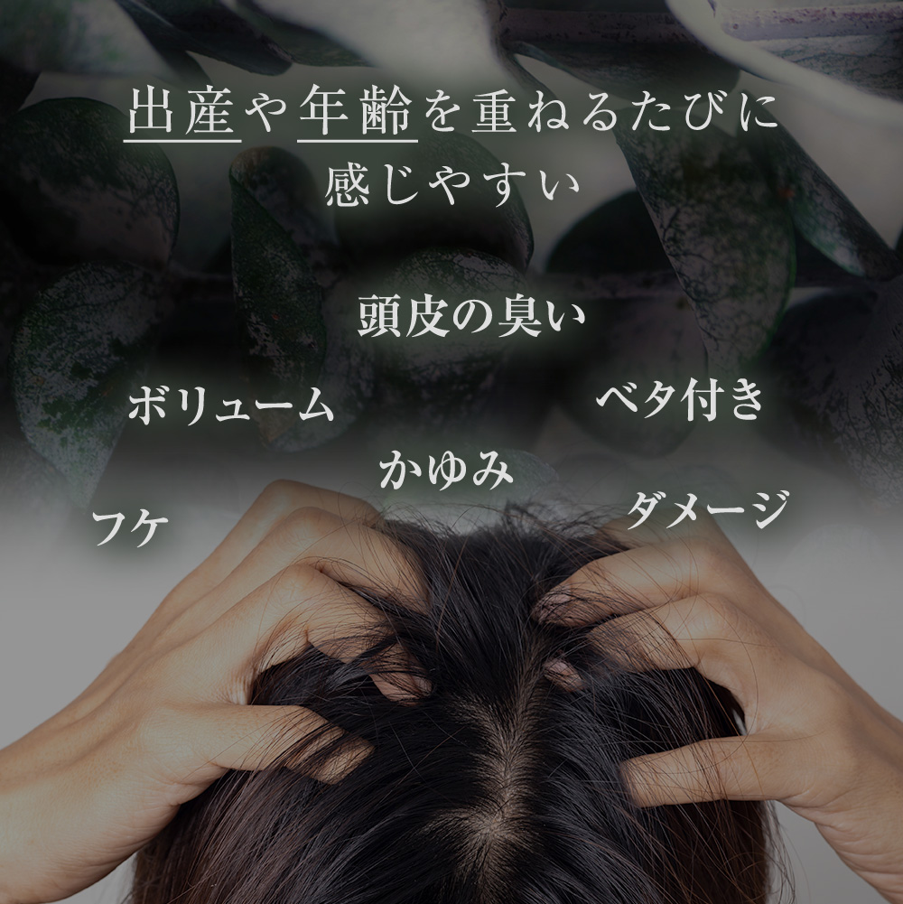 出産や年齢を重ねるたびに感じやすい頭皮の臭い、ボリューム、ベタつき、かゆみ、フケ、ダメージ