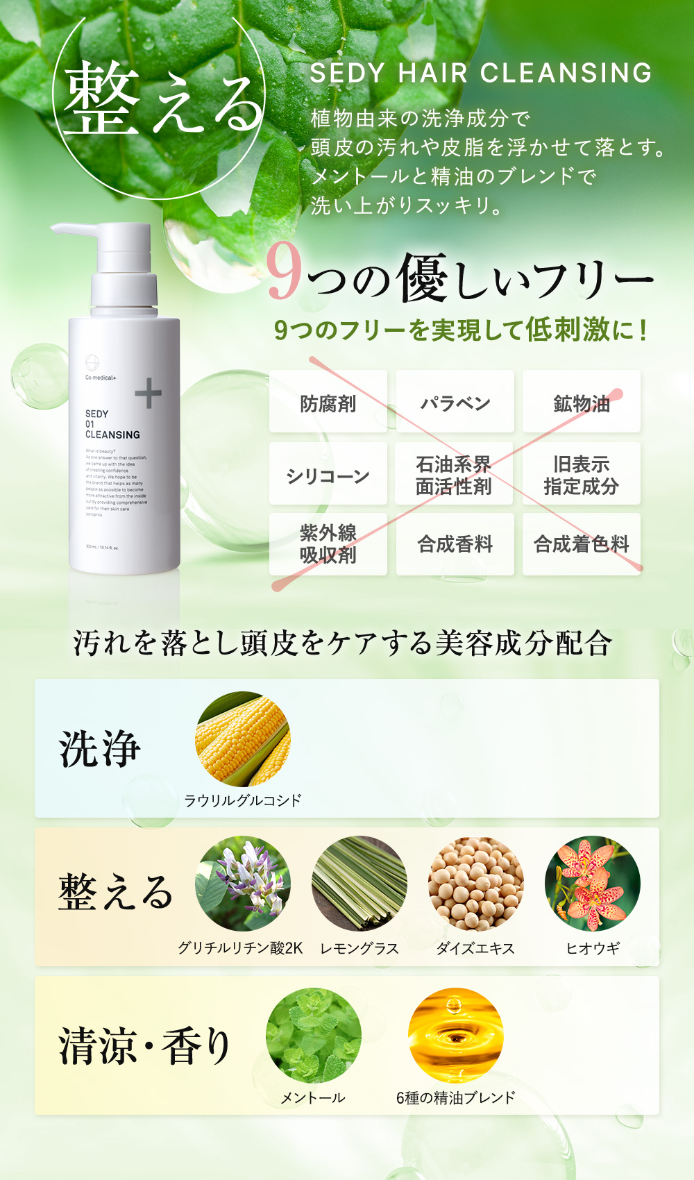 SEDY HAIR CLEANSING 植物由来の洗浄成分で頭皮の汚れや皮脂を浮かせて落とす。メントールと精油のブレンドで洗い上がりスッキリ。9つの優しいフリー 9つのフリーを実現して低刺激に！