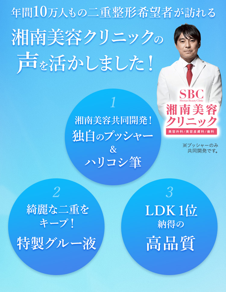 年間10万人もの二重整形希望者が訪れる湘南美容クリニックの声を活かしました！1湘南美容共同開発！独自のプッシャー＆ハリコシ筆2綺麗な二重を キープ！特製グルー液3LDK1位 納得の高品質