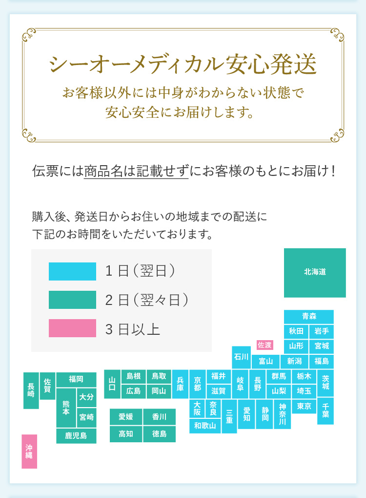 シーオーメディカル安心発送お客様以外には中身がわからない状態で安心安全にお届けします。伝票には商品名は記載せずにお客様のもとにお届け！購入後、発送日からお住いの地域までの配送に下記のお時間をいただいております。