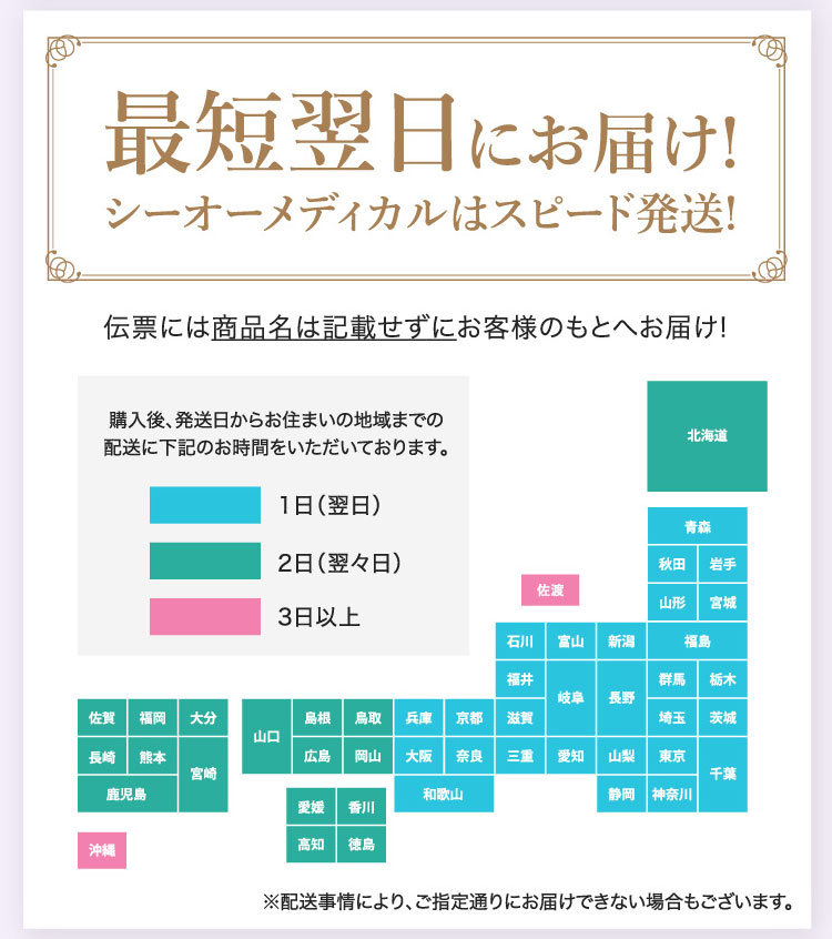 最短翌日にお届け!シーオーメディカルはスピード発送!伝票には商品名は記載せずにお客様のもとへお届け!