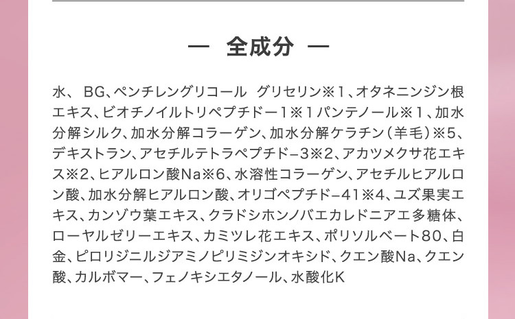 - 全成分 - 水、 BG、ペンチレングリコール グリセリン※１、オタネニンジン根エキス、ビオチノイルトリペプチドー1※１パンテノール※１、加水分解シルク、加水分解コラーゲン、加水分解ケラチン（羊毛）※5、デキストラン、アセチルテトラペプチド−3※2、アカツメクサ花エキス※2、ヒアルロン酸Na※6、水溶性コラーゲン、アセチルヒアルロン酸、加水分解ヒアルロン酸、オリゴペプチド−41※4、ユズ果実エキス、カンゾウ葉エキス、クラドシホンノバエカレドニアエ多糖体、ローヤルゼリーエキス、カミツレ花エキス、ポリソルベート80、白金、ピロリジニルジアミノピリミジンオキシド、クエン酸Na、クエン酸、カルボマー、フェノキシエタノール、水酸化K