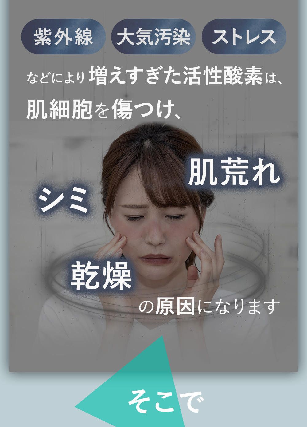 紫外線、大気汚染、ストレスなどにより増えすぎた活性酸素は、肌細胞を傷つけ、肌荒れ・シミ・乾燥の原因になります