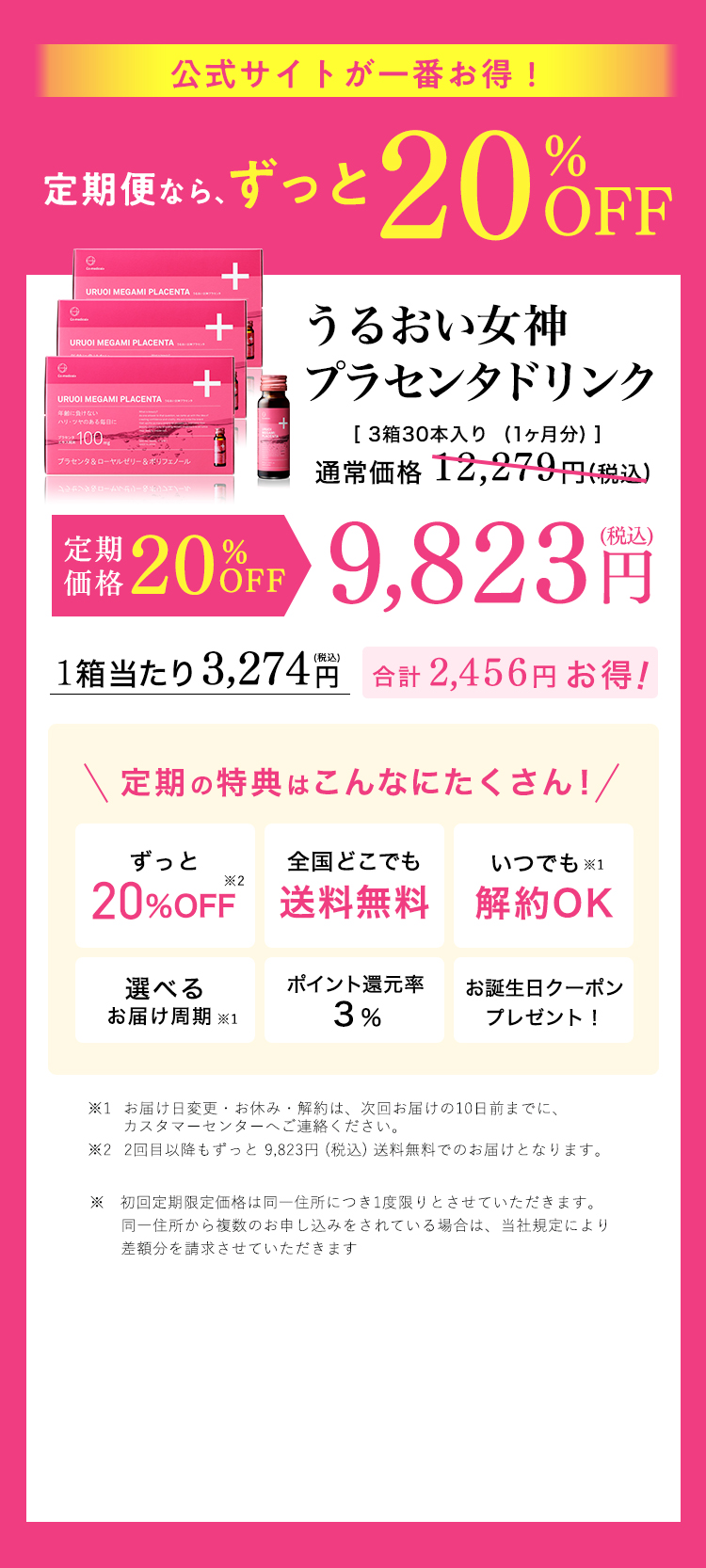 公式サイトが１番お得！定期便ならずっと20％OFF　うるおい女神プラセンタドリンク　内容量：3箱30本入り(1ヶ月分)　通常価格12,279円(税抜)　定期価格20%OFF 9,823円 1箱あたり3,274円 合計2,456円お得！＼定期の特典はこんなにたくさん！／　ずっと20%OFF、全国どこでも送料無料、いつでも解約OK、選べるお届け周期、ポイント還元率3％、お誕生日クーポンプレゼント！