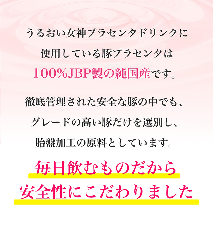 うるおい女神プラセンタドリンクに使用している豚プラセンタは100％JBP製の純国産です。徹底管理された安全な豚の中でも、グレードの高い豚だけを選別し、胎盤加工の原料としています。毎日飲む物だから安全性にこだわりました