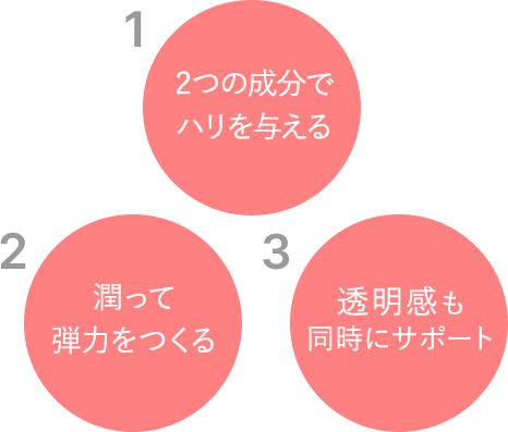 1.2つの成分でハリを与える 2.潤って弾力をつくる 3.ボリュームだけでなく透明感も