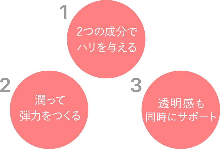 1.2つの成分でハリを与える 2.潤って弾力をつくる 3.ボリュームだけでなく透明感も